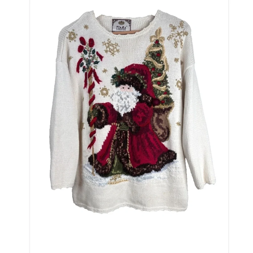 VTG 90s Tiara Christmas Sweater L Embroidered Cream Knit Granny Cottage Santa